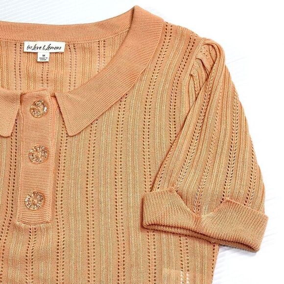 For Love & Lemon Phoebe Pointelle Polo Sweater Sherbet Size M Sweet Coquette - Picture 5 of 15